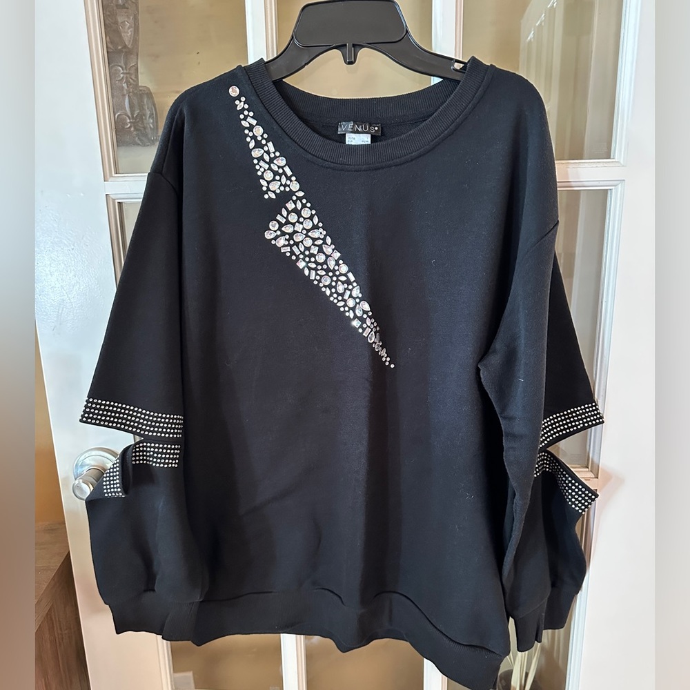 Ladies Black Rhinestone Design Cut Out Elbow Sweatshirt